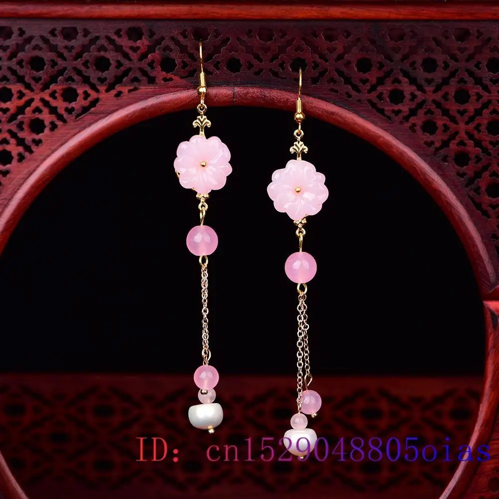 Women Fashion Jewellery - Orecchini con fiori di giada rosa
