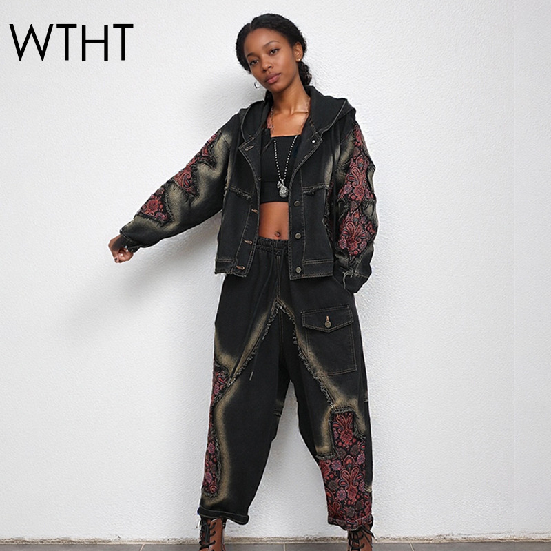 Women'S Fashion Denim Jacket - WTHT Moda Donna Lavaggio Patchwork Maniche