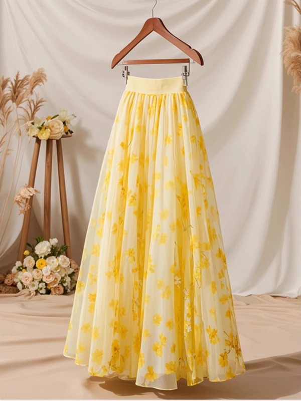 A-Line Skirt Midi - Gonna a trapezio gialla a vita