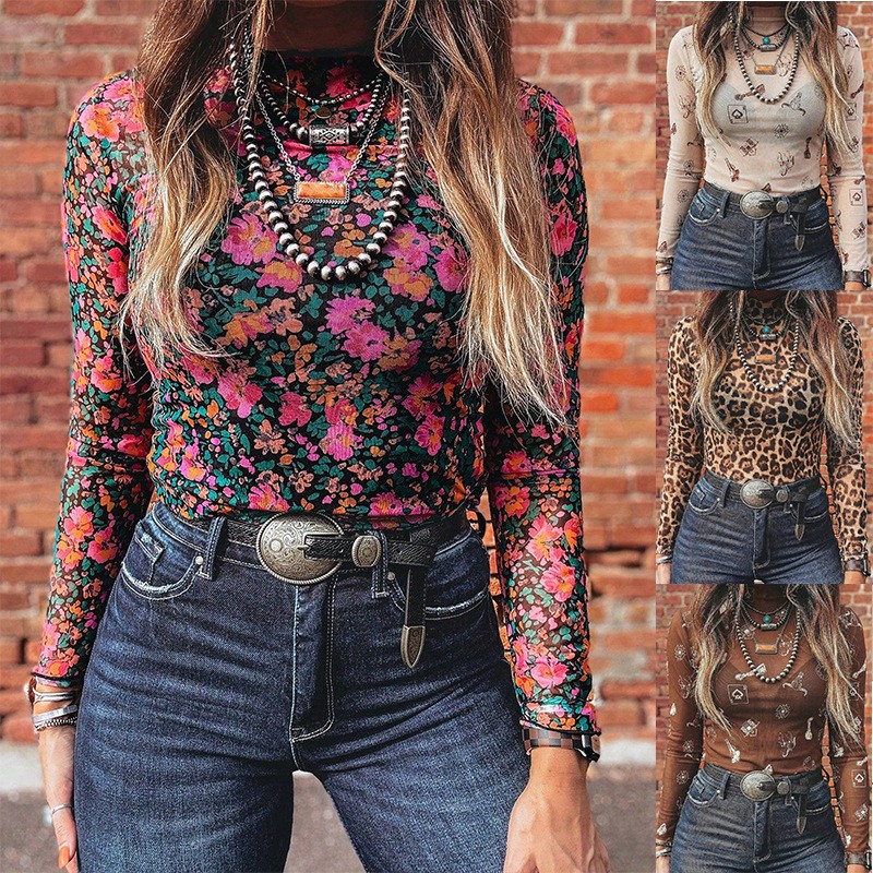 Women Fashion Blouse - Maglietta a Collo Alto in Rete