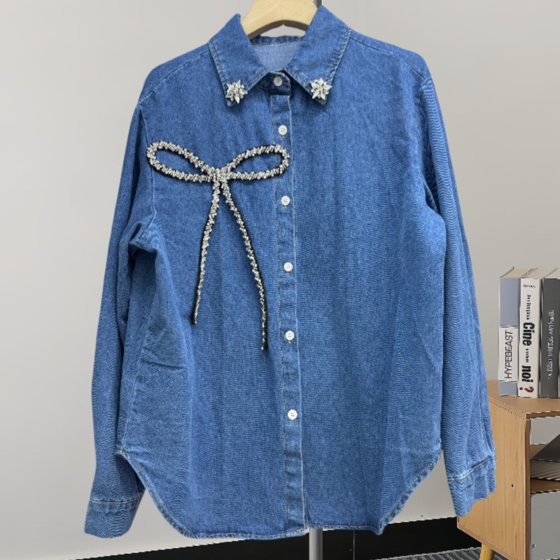 Camicia in denim con fiocco in - Women'S Fashion Denim Jacket recensione e prezzo