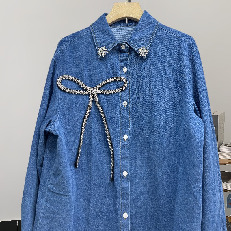Camicia in denim con fiocco in - Women'S Fashion Denim Jacket recensione e prezzo